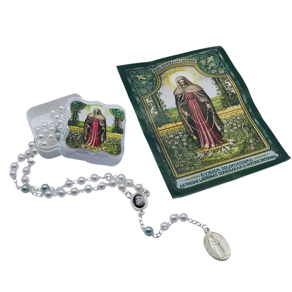 Coroa de Nossa Senhora das Lágrimas com caixinha e folheto de oração